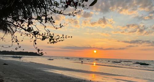 a sunset on a beach with the sun setting at Treasure Beach Resort in Carles