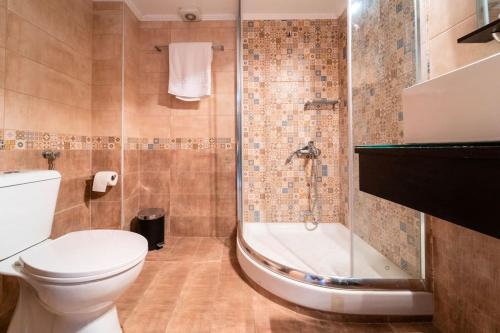 uma casa de banho com um WC e um chuveiro em Veta Apartment - Seaview em PalaiónTsiflíkion