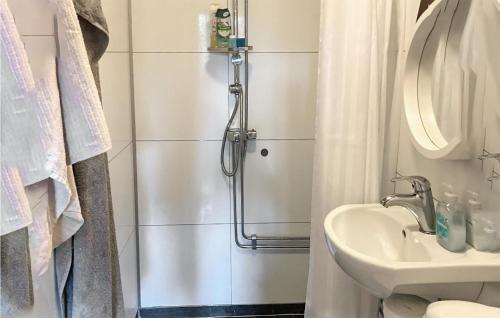 uma casa de banho com um chuveiro e um lavatório. em Cozy Home In Slen With Sauna em Stöten