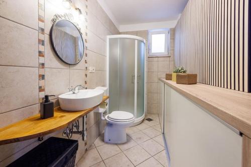 a bathroom with a shower and a toilet and a sink at Luxe Blue in Šmrika