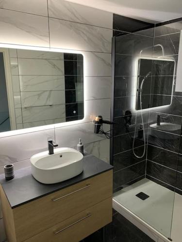 une salle de bain avec un lavabo et une douche dans l'établissement Les Balcons du Roucas Blanc, à Marseille