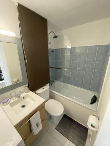 une salle de bain avec un lavabo, des toilettes et une douche dans l'établissement Fréjus-Lagon bleu, à Fréjus
