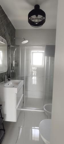 La salle de bains blanche est pourvue d'un lavabo et de toilettes. dans l'établissement Casa da paz #2, à Vila Nova de Milfontes