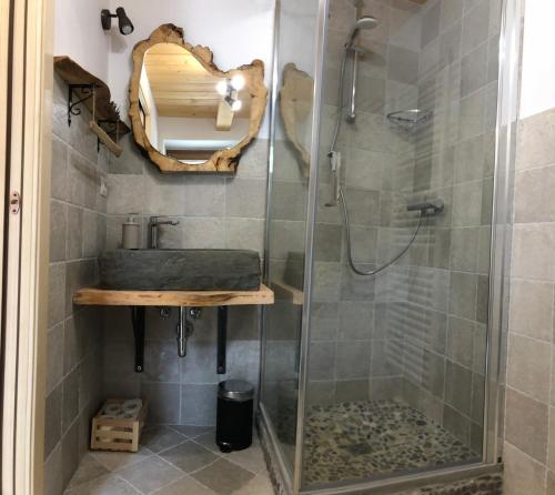 y baño con ducha, lavabo y espejo. en Il Rifugio nel Comero, en Verghereto