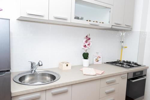 a kitchen counter with a sink and a stove at Millennium Apartment in Bačka Palanka