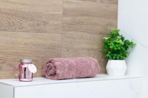 uma toalha rosa sentada numa prateleira na casa de banho em Millennium Apartment em Bačka Palanka