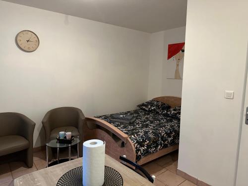 1 dormitorio con 1 cama, 1 silla y 1 reloj en Chez doudou 1 en Roanne