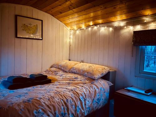 a bedroom with a bed with lights on the wall at The Hut at High Street Farm in Sudbury
