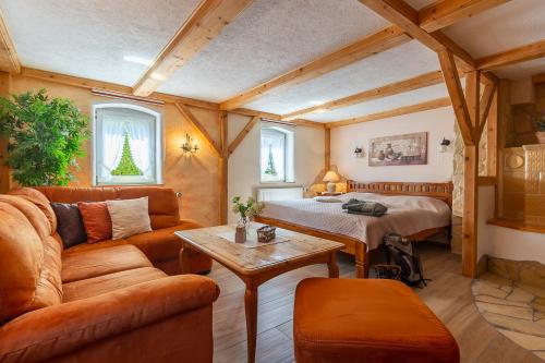 a living room with a couch and a bed at Appartement`s - HAUS KAROLA in Bad Schandau