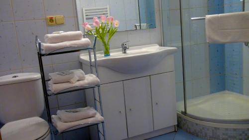 a bathroom with a sink and a toilet and a tub at Family hotel Maxim in Beroun