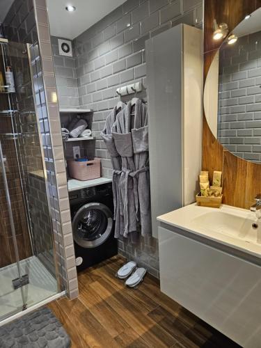 a bathroom with a washer and dryer next to a shower at Cannes President, vue mer, festival, quartier forville le Suquet in Cannes