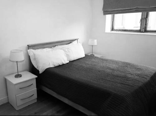 a black and white bedroom with a bed and a window at Shared Flat in Dublin