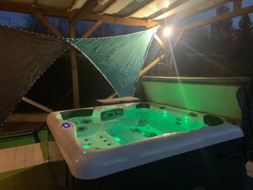 a green bathtub in a roof with an umbrella at Chalet 2 personnes avec jacuzzi privatif et piscine saisonnière partagée in Corcieux