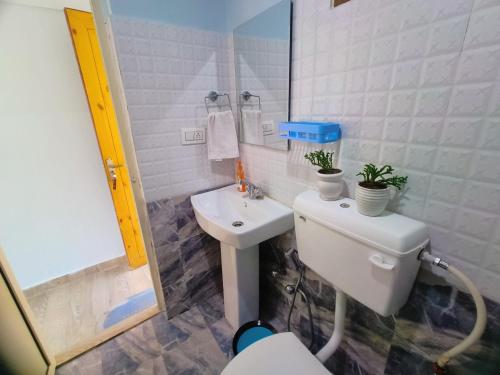 a bathroom with a toilet and a sink at Blue Hills- B&B McleodGanj in Dharamshala