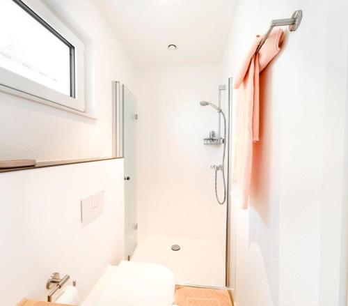 uma casa de banho branca com um chuveiro e um WC. em Pension Fiets em Großmehring