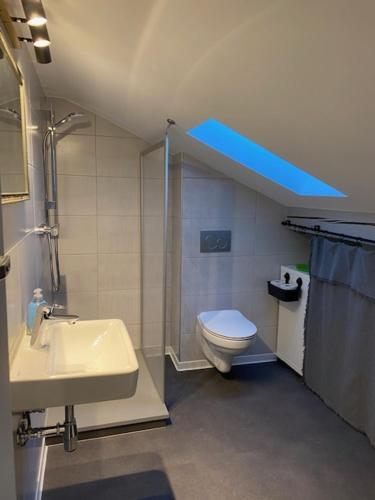 a bathroom with a sink and a toilet and a blue light at Ferienwohnung Auf der Heide in Ehringshausen