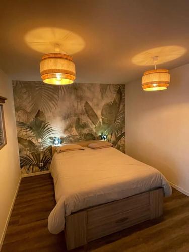 - une chambre dotée d'un lit avec deux lumières dans l'établissement T2 de 50m2 indépendant à 15mn de Toulouse, à Préserville