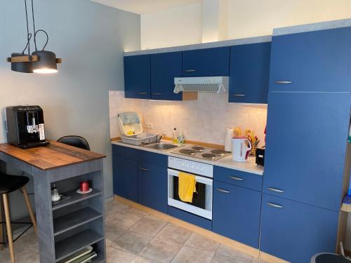 a blue kitchen with a sink and a stove at FeWo Roland Ranft direkt am Kurpark Barrierearm 60qm in Bad Elster