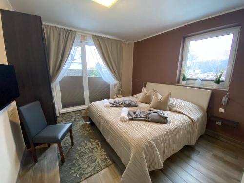 a bedroom with a bed with a chair and a window at Villa Major in Göhren-Lebbin