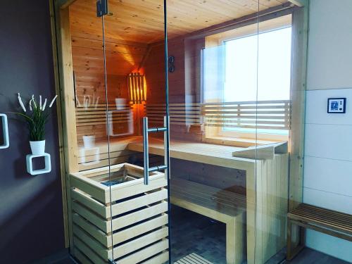 a bathroom with a glass shower with a sink at Villa Major in Göhren-Lebbin