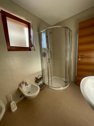 uma casa de banho com um chuveiro e um lavatório. em Casa dei sogni em Valdaora