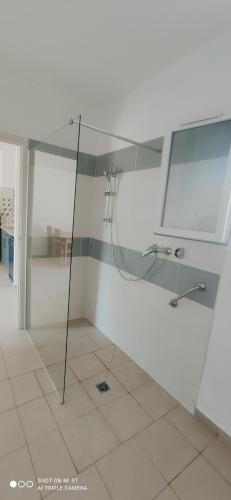 La salle de bains est pourvue d'une douche en verre et de carrelage. dans l'établissement maison, mer, piscine, parking, à Poggio-Mezzana