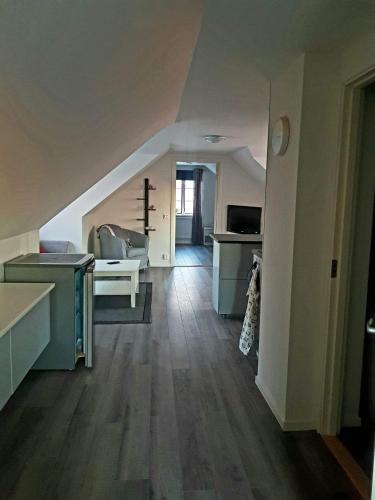 a kitchen and living room with an attic at Lilla lägenheten in Broddetorp