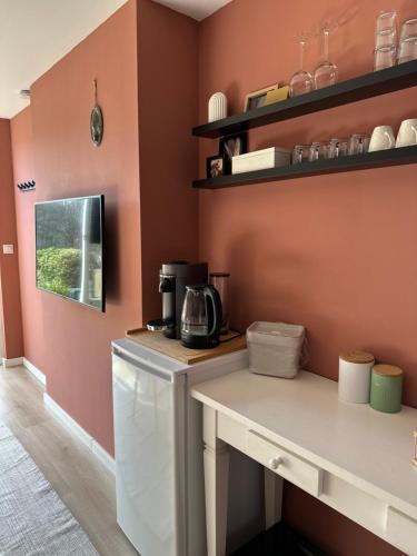 eine Küche mit orangefarbenen Wänden und einer weißen Arbeitsplatte in der Unterkunft Zwikker aan de Haven in Lelystad