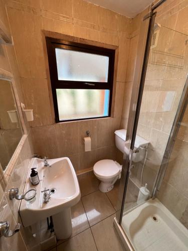 a bathroom with a sink and a toilet and a window at No 1 City Centre Location in Dublin