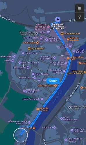 a map of the city of dubai with a blue line at Le Paradis Bleu in Lourdes