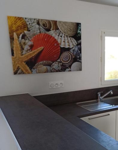 une cuisine avec un évier et un tableau mural. dans l'établissement Maison 3 chambres - plages et mer, à Gâvres