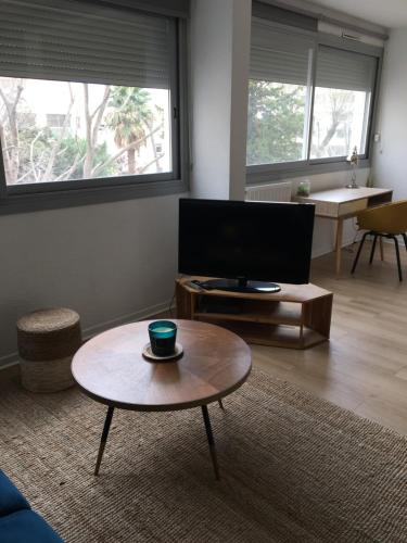 ein Wohnzimmer mit einem Couchtisch und einem TV in der Unterkunft Les jardins du Paradis in Marseille