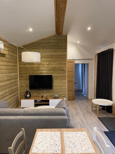 een woonkamer met een bank en een tv bij Chez manu in Cahuzac-sur-Vère