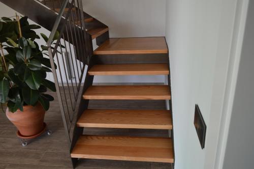 a staircase with wooden steps and a potted plant at Mas Piua in Girona