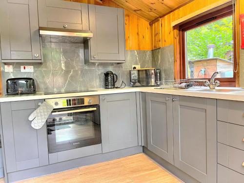 a kitchen with gray cabinets and a sink at Snowdrop 13-Hot Tub-Woodlandlodges-Carmarthenshire in Carmarthen