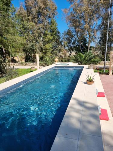 uma piscina de beiral infinito com água azul num quintal em Petra - Country House em Monteroni di Lecce