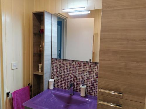 uma casa de banho com um lavatório roxo e um espelho em Maison plain pied avec jardin, terrasse et veranda em Cognac