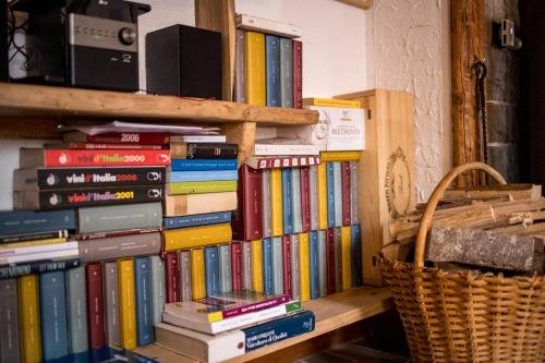 a stack of books sitting on a shelf at Chalet Relax Tra Le Vigne in Forni di Sotto