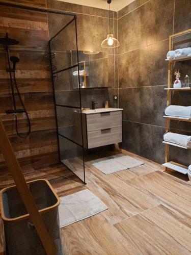 a bathroom with a shower and a sink at Villa Tamara in Le Pourpier