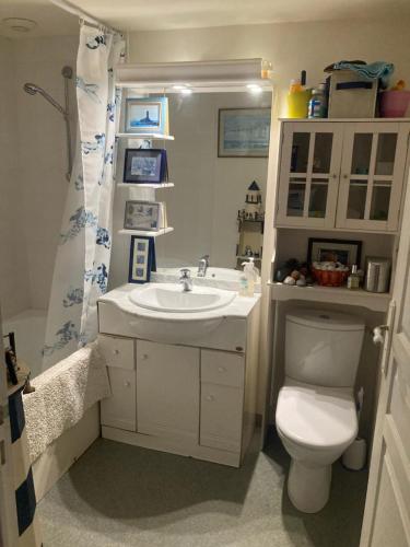 une salle de bain avec un lavabo blanc et des toilettes dans l'établissement Un appartement au château de Locquéran Finistère, à Plouhinec