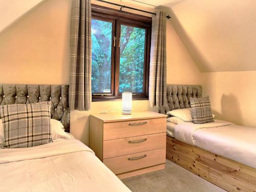 BlueBell 16-Hot Tub-Woodland Lodges-Pembrokeshire في كرمرثن: غرفة نوم بسريرين ونافذة