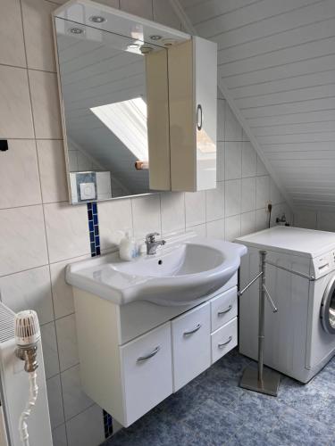 een badkamer met wastafel en wasmachine bij Großzügige 3 ZKB mit 80m² in Wilhelmshaven