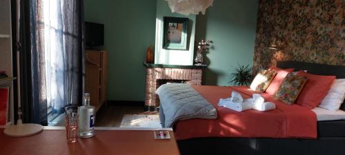 a bedroom with a bed and a fireplace at Stadsslaperij B&B in Tilburg
