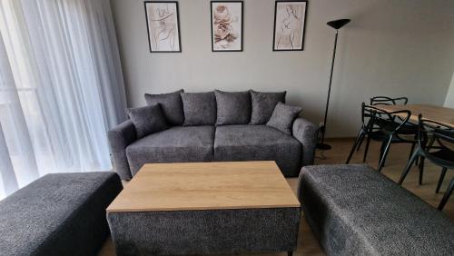 a living room with a couch and a table at Apartament SALONET Airport & MTP in Skórzewo