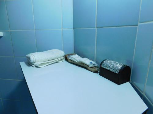 - une salle de bains carrelée de bleu avec 2 serviettes sur une étagère dans l'établissement Colinas de Barichara, à Barichara