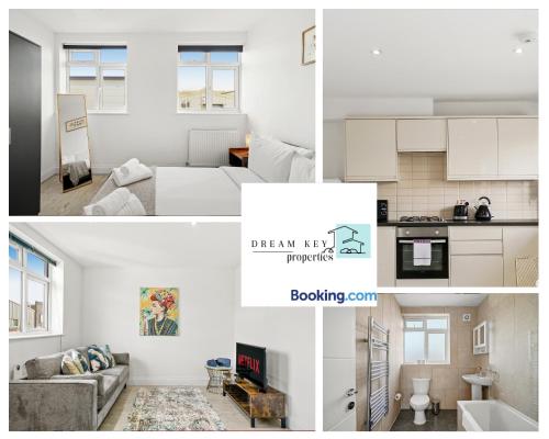 eine Collage mit Fotos von einer Küche und einem Wohnzimmer in der Unterkunft Two Bedroom Apartment by Dream Key Properties Short Lets & Long Lets Uxbridge- 6 in Uxbridge