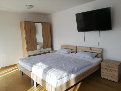 une chambre avec un lit avec une télévision au mur dans l'établissement Ferienwohnungen Weishaupt Pfingstweider Straße 30, à Meckenbeuren