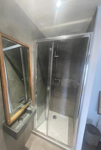 une douche avec une porte vitrée dans une salle de bain dans l'établissement Charmante Propriété Arborée, à Borgo