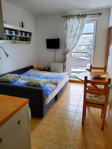 a bedroom with a bed and a table and a window at Apartmán Rokytka s balkonem in Rokytnice nad Jizerou