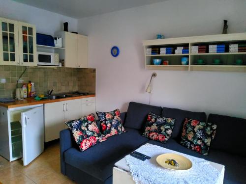 een woonkamer met een blauwe bank en een keuken bij Apartmán Rokytka s balkonem in Rokytnice nad Jizerou